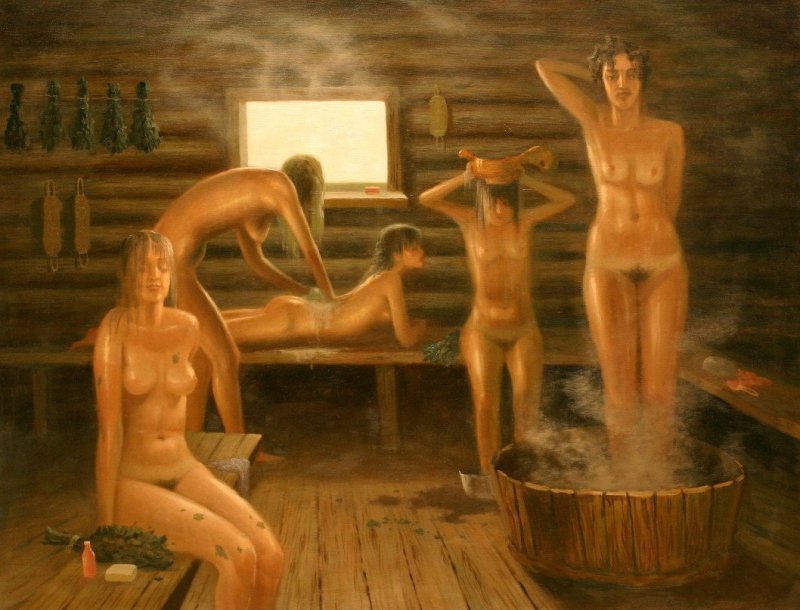 Bath with chicks, Naked women wash in the bath, Bath