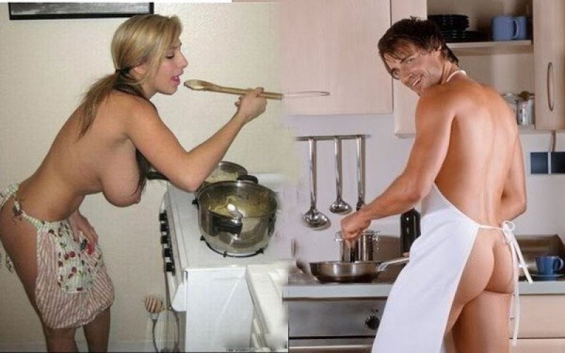 Adults naked in the kitchen, Naked wives in the kitchen, The guy is a housewife