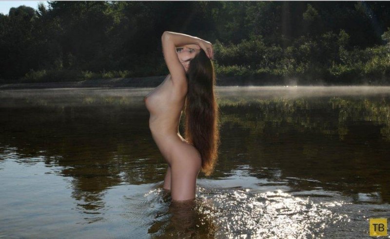 Naked girls on the pond, Beautiful long hair, Erotica on the river