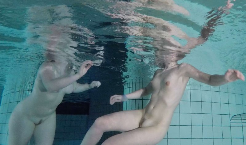 Two men are swimming in a pool, Wife friends swimming nude, Peeping in the pool