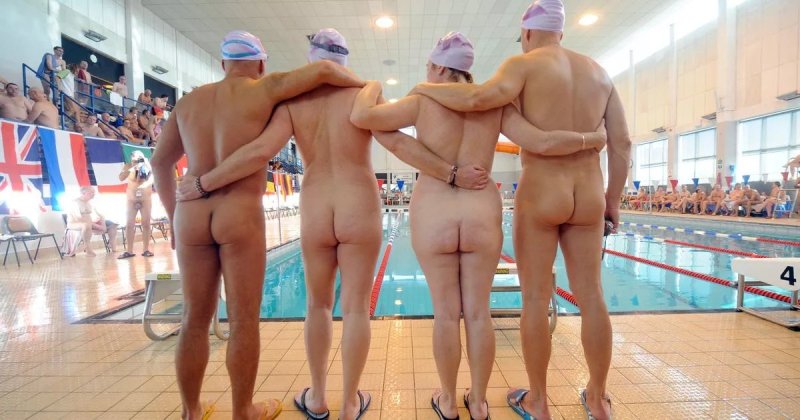 Topless in a public basin, Naked swimmers, Naked athletes