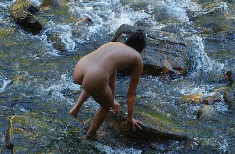 Bathing in a waterfall, Waterfall, River