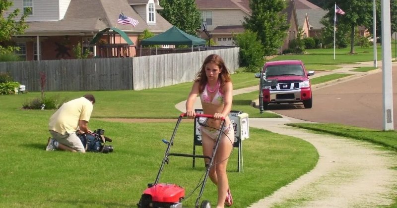 Lawn Mushroom, Mowing the lawn, Woman mows grass