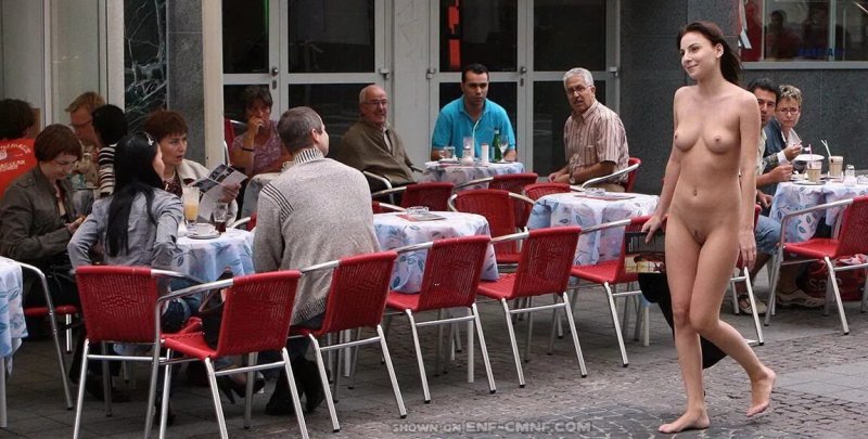 Forced nudity in public, Naked women in crowded places, A woman undresses in public