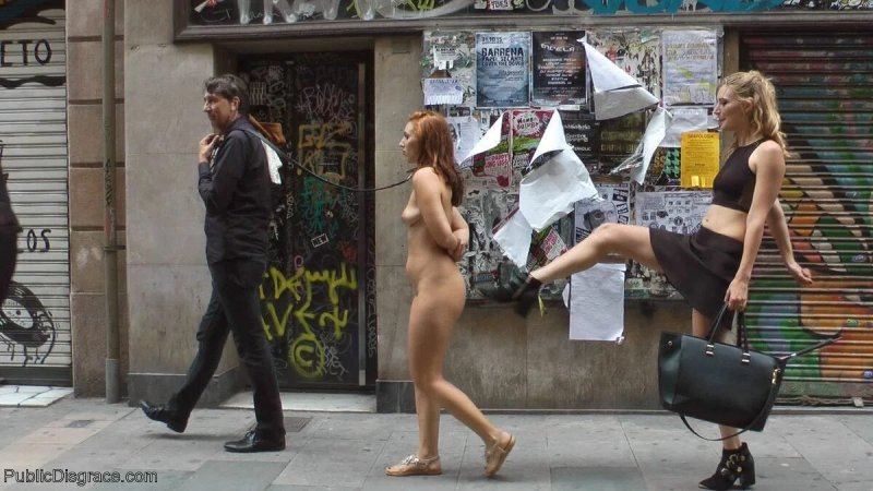 Naked pamela in public, Public Disgrace in the Street on a leash, Naked on the street